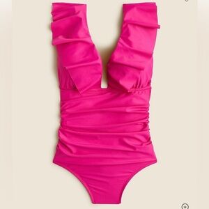 J. CREW Ruched Ruffle One Piece Swimsuit Girly Coquette Size 18 magenta pink